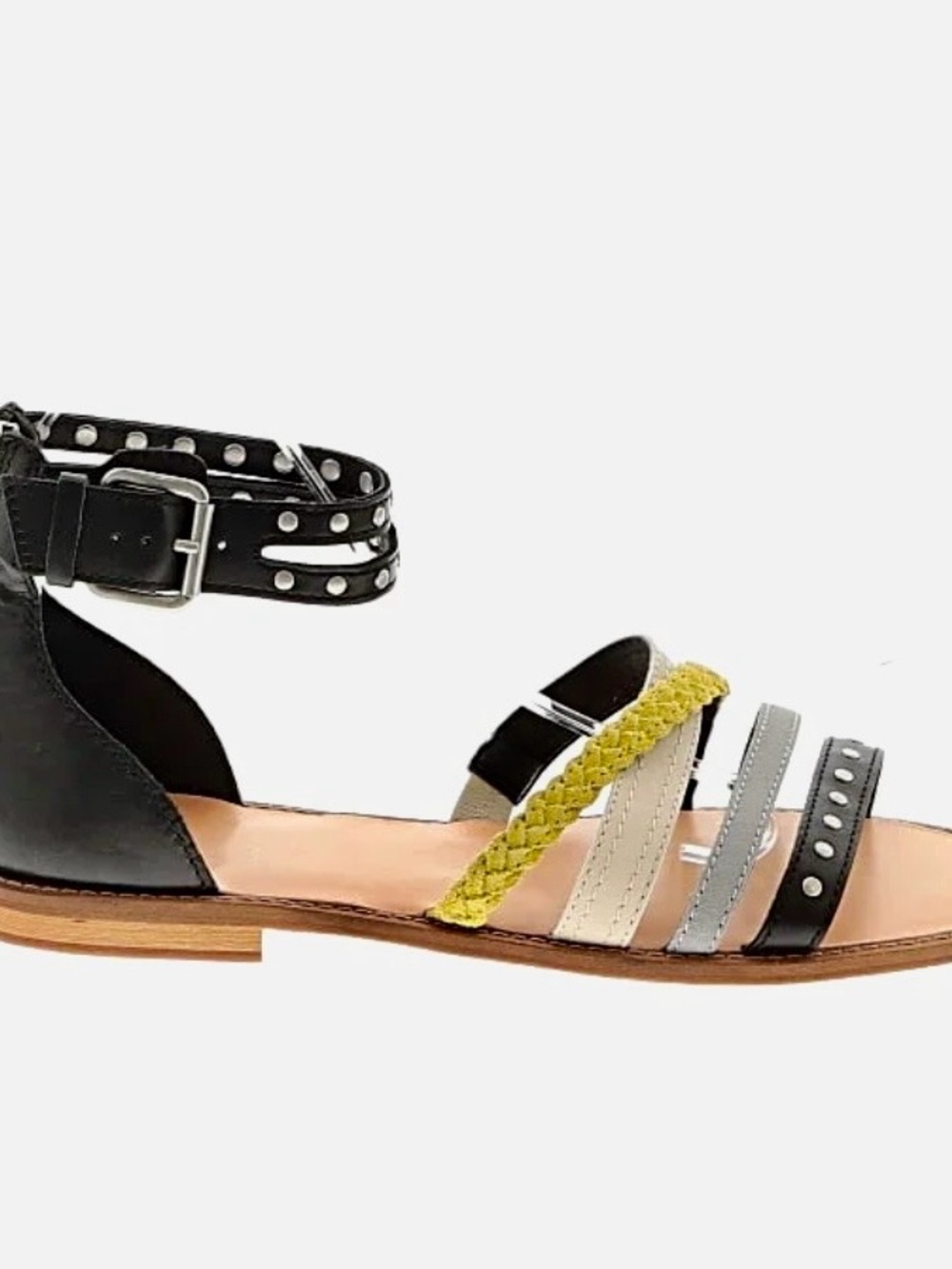 Frye Black, Gray, Cream & Yellow Braided Multi-Strap Sandal